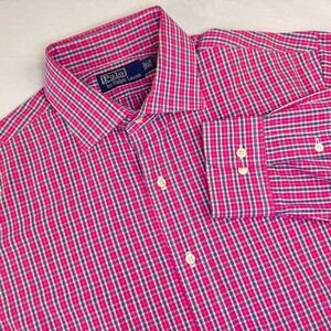 POLO BY RALPH LAUREN Mens 16 1/2 Cotton Blue Pink Plaid Long‎ Sleeve Dress Shirt